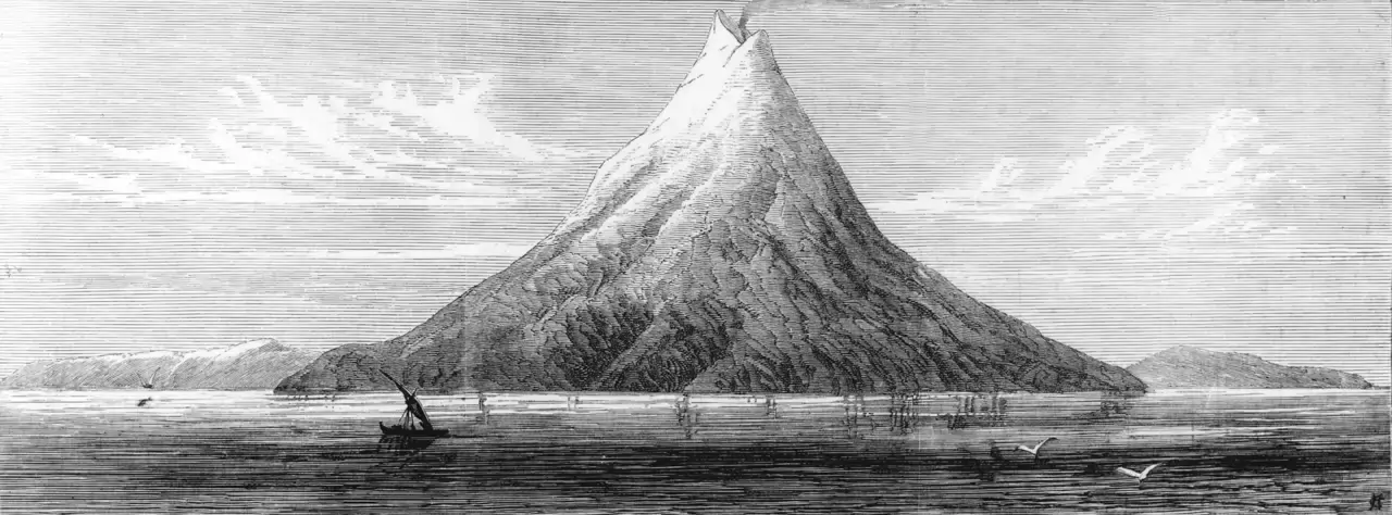 Gravura da ilha antes da erupção. A erupção vulcânica do Krakatoa no estreito de Sunda, a meio caminho entre Java e Sumatra.